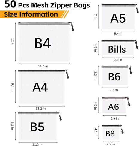 50 Pieces Multi-Size Zipper Pouches Bags, 8 Size 5 Colors Letter Size Small Colorful Organized Mesh Zipper, Mesh Bags with Zipper for Travel Accessories Office & Home Organization in Saudi Arabia