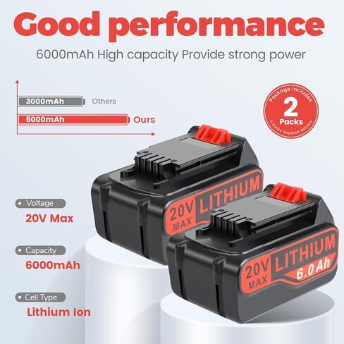 20v Lithium Battery Replacement for Black and Decker 6.0Ah Battery 2Pack with 1 Charger Combo Compatible with LBXR20 LBXR20B LBXR20-OPE LBXR2020 LBXR20 LB20 LBX20 LB2X4020 Cordless Power Tool in Saudi Arabia