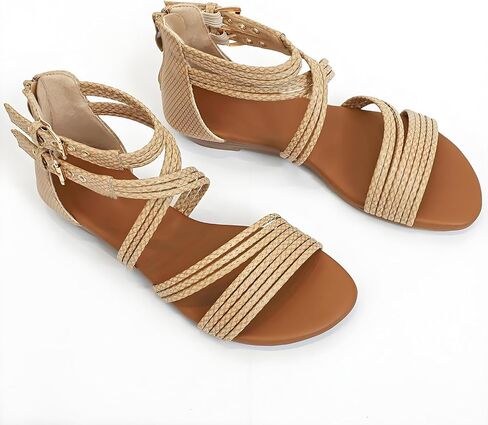 Women's Boho Chic Strappy Sandals - Adjustable Summer Sandals with Flat Sole | Comfortable Casual Beach Sandals for Women, Lightweight Bohemian Walking Shoes in Kuwait
