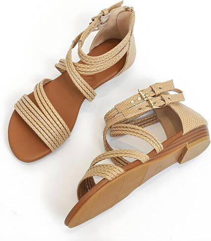 Women's Boho Chic Strappy Sandals - Adjustable Summer Sandals with Flat Sole | Comfortable Casual Beach Sandals for Women, Lightweight Bohemian Walking Shoes in Kuwait