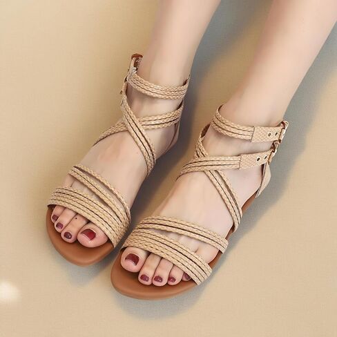 Women's Boho Chic Strappy Sandals - Adjustable Summer Sandals with Flat Sole | Comfortable Casual Beach Sandals for Women, Lightweight Bohemian Walking Shoes in Kuwait