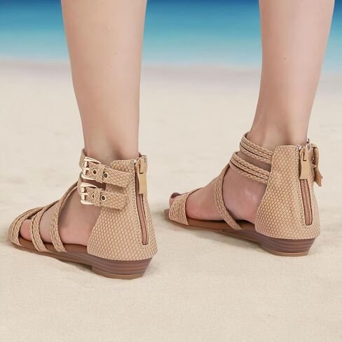 Women's Boho Chic Strappy Sandals - Adjustable Summer Sandals with Flat Sole | Comfortable Casual Beach Sandals for Women, Lightweight Bohemian Walking Shoes in Kuwait