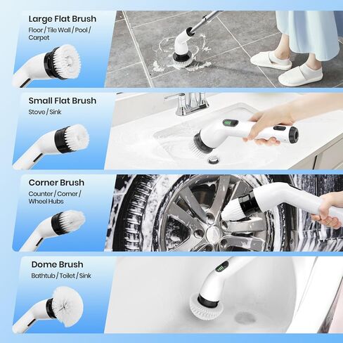 Electric Spin Scrubber, 2025 New Cordless Shower Cleaning Brush with 8 Replaceable Brush Heads, 3 Adjustable Speeds, and Adjustable Extension Handle for Bathroom Floor Tile in Saudi Arabia