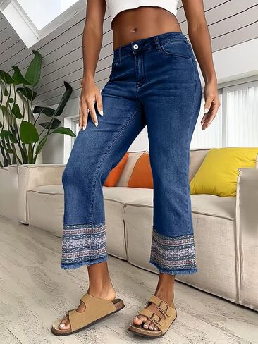 Flamingals Straight Leg Jeans for Women Low Rise Cropped Jeans Wash Embroidery Raw Hem Denim Pants in Saudi Arabia