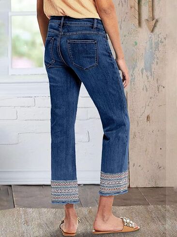 Flamingals Straight Leg Jeans for Women Low Rise Cropped Jeans Wash Embroidery Raw Hem Denim Pants in Saudi Arabia