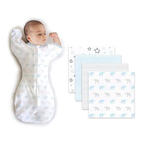 Amazing Baby Swaddle Set, Pastel Blue Tiny Elephants, 3-6 Mo Transitional Swaddle Sack with Arms Up Half-Length Sleeves & Mitten Cuffs and Cotton Muslin Swaddle Blankets 4pk, Starry Night