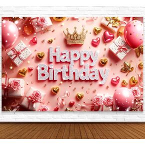 Pink Happy Birthday Banner Pink Happy Birthday Backdrop for Women 6x4ft Princess Backdrop for Girls