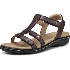 TEMOFON Women Flat Sandals Wide: Arch Support Flat Sandal - Dressy Summer Sandal - Brown Comfortable Walking Sandal Size 8.5
