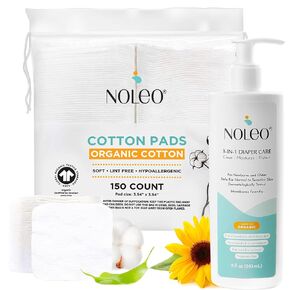 Noleo Organic Cotton Pads with 3-in-1 Diaper Care - 150ct Large & Pressed Cotton Squares 3.54x3.54in Pads - 8oz All in One Baby Cleanser, Baby Lotion & Diaper Rash Cream