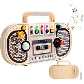 Busy Board Montessori Toys for Toddlers, Wooden Sensory Toys with LED Light, Switches, Music, Labyrinth, Adjust Volume,Montessori Toys for 1-6 Year Old, Travel Toys Gifts for Toddlers Boys and Girls