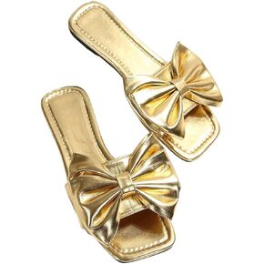 GORGLITTER Women's Bow Sandals Dressy Cute Metallic Square Open Toe Slip on Summer Flat Sandals