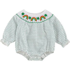 Baby Girl St.Patrick's Day Outfit Dot Clover Rainbow Print Long Sleeve Smocked Bubble Romper Spring Irish Clothes