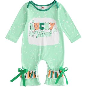 Newborn Baby Girl Valentines Outfit Ruffled Sleeve Romper Heart Bear Print Onesie Bell Bottoms Jumpsuit Clothes