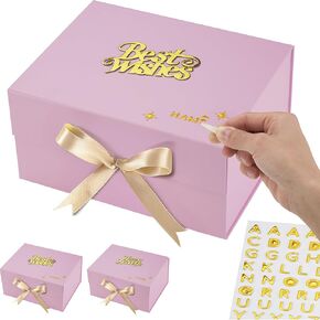 Large Luxury Pink Gift Box Set (3-Pack, 12x9x6") - Instant Golden Name Personalization Kit - Magnetic Lid, Bag & Ribbon - "Best Wishes" Gift Box for Presents – Perfect for Weddings, Birthdays, Anniversaries & Special Occasions