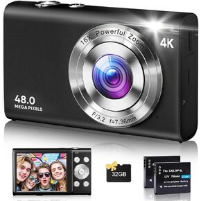 Digital Camera, 4K Autofocus Cameras for Photography, 48MP Anti-Shake Vlogging Camera for YouTube, 16X Digital Zoom Compact Point and Shoot Cameras with 32GB Card Camera for Teens Adult Beginner-Black