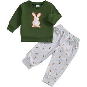 Toddler Boy Easter Outfit Baby Spring Clothes Rabbit Embroidery Long Sleeve Sweatshirt Carrot Print Pants Set 6M-4T