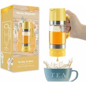 Honey Dispenser No Drip with Stand, 9 OZ Glass Honey Jar Pot, Syrup Dispenser for Coffee or Tea, Easy One Hand Use, Yellow