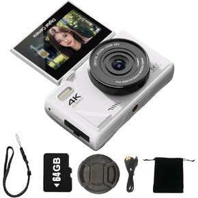 4K Digital Camera with Flip Screen,Vlogging Camera,Cameras for Photography,48MP Auto-Focus Vlogging Camera for YouTube, 18X Digital Zoom/ 3" 180° Flip Screen with 64G SD Card (White)