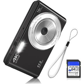 44MP FHD 4K Autofocus Kids Camera with 16x Zoom, Compact Point and Shoot Camera for Kids with 64GB SD Card, 2 Batteries, Simple Small Digicam for Teens (Blue)