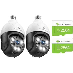 Symynelec Light Light Pulb Camera Outdor Outdoor مقاوم للماء 2.5 كيلو بايت مع بطاقة TF 256GB 2PCs ، 2.4 جيجا هرتز WIFI Light Socket Cam Cam مع AI Human Motion Detection Color Light Vision Alexa