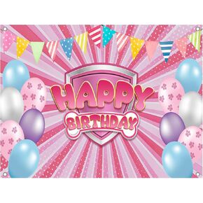 96x72inch Pink Dog Paw Birthday Backdrop, Cartoon Polyester Photography Background for Parties, Puppy Photo Booth Prop Decorations
