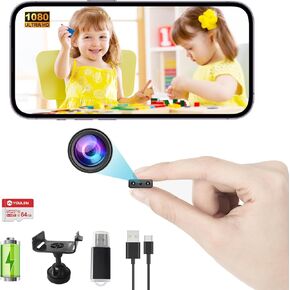 Upgraded Built-in Battery Wireless WiFi Home Security HD Mini Camera with 64G Memory Card, Night Vision and Motion Detection Cloud Storage Nanny Cam - for Home, Office and Car