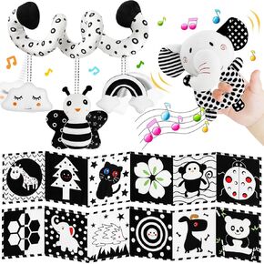 Baby Shower Gift,Black and White High Contrast for 0-6 Months Newborn,Car Seat Toys &Baby Hanging Rattle Toys Soft Cloth Book for Crib Mobile Brain Development Infant Toys Baby Boys Girls