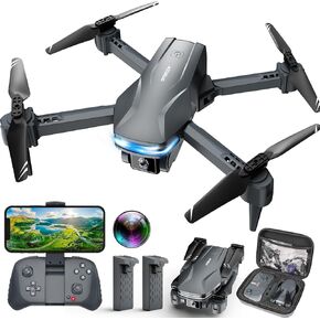 Drone with 1080P Camera for Beginners and Kids, Foldable Remote Control Quadcopter with Voice Control, Gestures Selfie, Altitude Hold, 3D Flips, 2 Batteries, One Key Take Off/Land Dark Gery