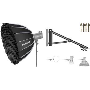 NEEWER 33inch/85cm Parabolic Softbox Quick Set up Quick Folding, with Diffusers/Honeycomb Grid, Compatible with Aputure 120d Light Dome Godox sl60w NEEWER RGB CB60, 4.3ft Boom Arm Included