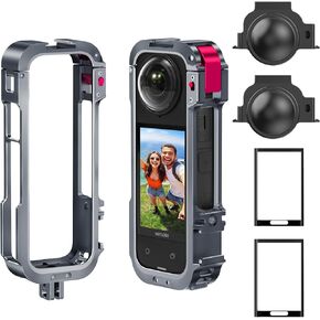 Metal Protective Case for Insta360 X4 Accessories, Upgraded Insta 360 X4 Multifunction Utility Frame Stronger Aluminum Hard Shell Cover Anti-Scratch with Silicone Lens Guard Cap Screen Protector