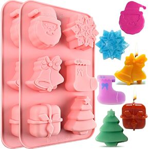 (2Pack) Christmas Soap Molds, Christmas Silicone Molds for Mini Cakes, Candles, Soap, Include 6 Shapes Christmas Tree, Socks, Snowflake, Santa Claus, Gift Box, Jingle Bell Baking Molds