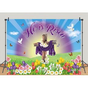 He is Risen Backdrop Jesus Easter Photography Religious Cross Decoration Spring Purple Flowers Green Grassland Photo Props for Easter Party (7×5 FT)
