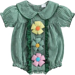 FYBITBO Newborn Baby Girl Clothes Flower Embroidery Smocked Bubble Romper Short Sleeve Plaid Bodysuit Infant Summer Outfit