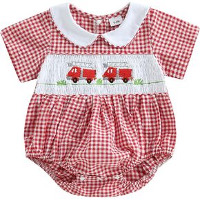 My First Christmas Baby Girl Outfit Christmas Baby Newborn Plaid Bubble Romper Short Puff Sleeve Smocked Bodysuit