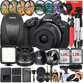 Canon EOS R50 كاميرا بدون مرآة مع عدسة RF-S 18-45mm + 2 حزمة 128GB بطاقة الذاكرة + حقيبة ظهر + ترايبود + Widangle + ميكروفون + حزمة ميجااكوري