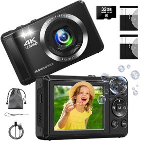 4K 44 MP Digital Camera Compact Mini Camara with 16x Digital Zoom 2 Batteries, USB Cable with 32 GB TF Card, for Beginners, Adults and Teenagers, Kids