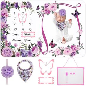 Baby Milestone Blanket: Includes Growth Blanket, Photo Assist Frame, Saliva Towel, Erasable Writing Pad, Headband