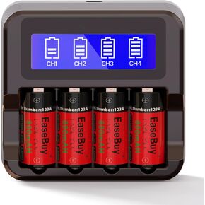 CR123A Rechargeable Batteries, EaseBuy 4-Pack 3.7V Rechargeable Lithium Batteries and CR123A Charger for Arlo VMS3130 VMC3030 VMK3200 VMS3330 3430 3530 Cameras, Alarm System, Flashlight