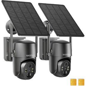 4G LTE Cellular Security Camera Outdoor, Non WiFi Security Camera Solar Powered, 360 Cameras with PTZ Control, PIR Detection, 2K Color Night Vision, Instant Alert, IP66 Waterproof (2 Pack)