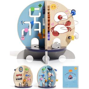 Wooden Ocean Busy Board, First Birthday Gifts for Boys & Girls, Activity Cube for Baby, Montessori Toys for 1 Year Old Boy, Sensory Board Easter Halloween