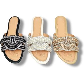Women's Pearl Embellished Slide Sandals, Flat Comfort Slippers, 3 Colors - Black, White, Beige
