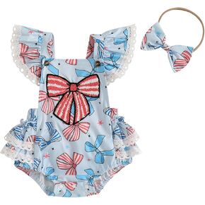 Infant Newborn Baby Girl Easter Outfit Sleeveless Rabbit Print Bow Embroidered Lace Ruffle Romper Summer Clothes