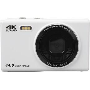 4K Digital Camera for Teens, 44MP Digital Point and Shoot Camera with 16X Zoom Autofocus Compact Portable Kids Camera for Boys Girls (White)