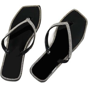 Rhinestone Flip Flops for Women Size 9 Slip on Flat Sandals Black and Silver Dressy