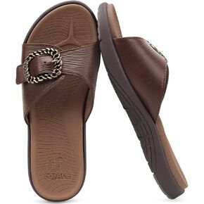 COFACE Womens Dressy Orthotic Slides Ladies Yoga Memory Foam Leather Cushion Recovery Walking Sandals Open Toe Strap Summer Slip On Slippers Comfortable Plantar Fasciitis Arch Support Brown Size 10