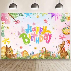 MEHOFOND 7x5ft Rainbow Bunny Birthday Backdrop Rabbit Painting Colorful Eggs Happy Birthday Photography Background Hare Graffiti Splash Rainbow Banner Party Decorations Floral Brush Party Photo Props