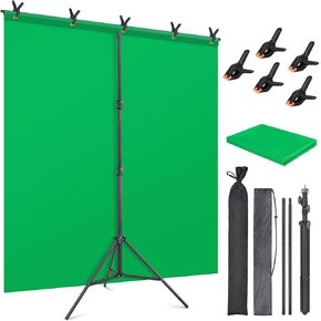 5 X 6.5 FT Green Screen Backdrop Kit with Stand, T-Shape Portable Photo Back Drop Adjustable Stand with Green Background Cloth, Carry Bag, Sandbag and 5 Clamps for Background, Photo, Parties, Video