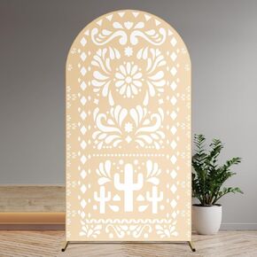 Beige Yellow Arch Backdrop for Baby Shower Mexican Talavera Wedding Party Stretchy Arch Stand Cover Doubleside Banner Baptismx Birthday Decoration Props(Only Cover) (2.6x5.9ft)