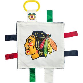 The Learning Lovey Chicago Blackhawks Baby Tag Toy - NHL Hockey Baby Sensory Crinkle Toys - Soft & Safe - Ideal Baby Stroller Toy - BPA Free w/Stroller Clip (8" x 8" Tag Toy)
