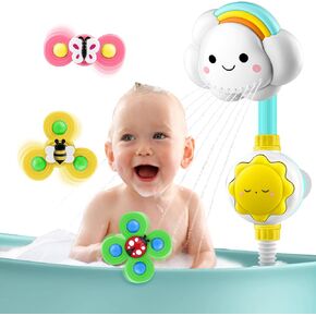 Baby Bath Toy Shower Head - OWNONE 1 Bathtub Shower Sprayer, Bath Toy for Toddlers Ages 1-3, 2-4 Years Old, Infant Baby Bath Toy 6-12, 12-18 Months - Includes 1 Cloud Shower Head & 3 Suction Spinners